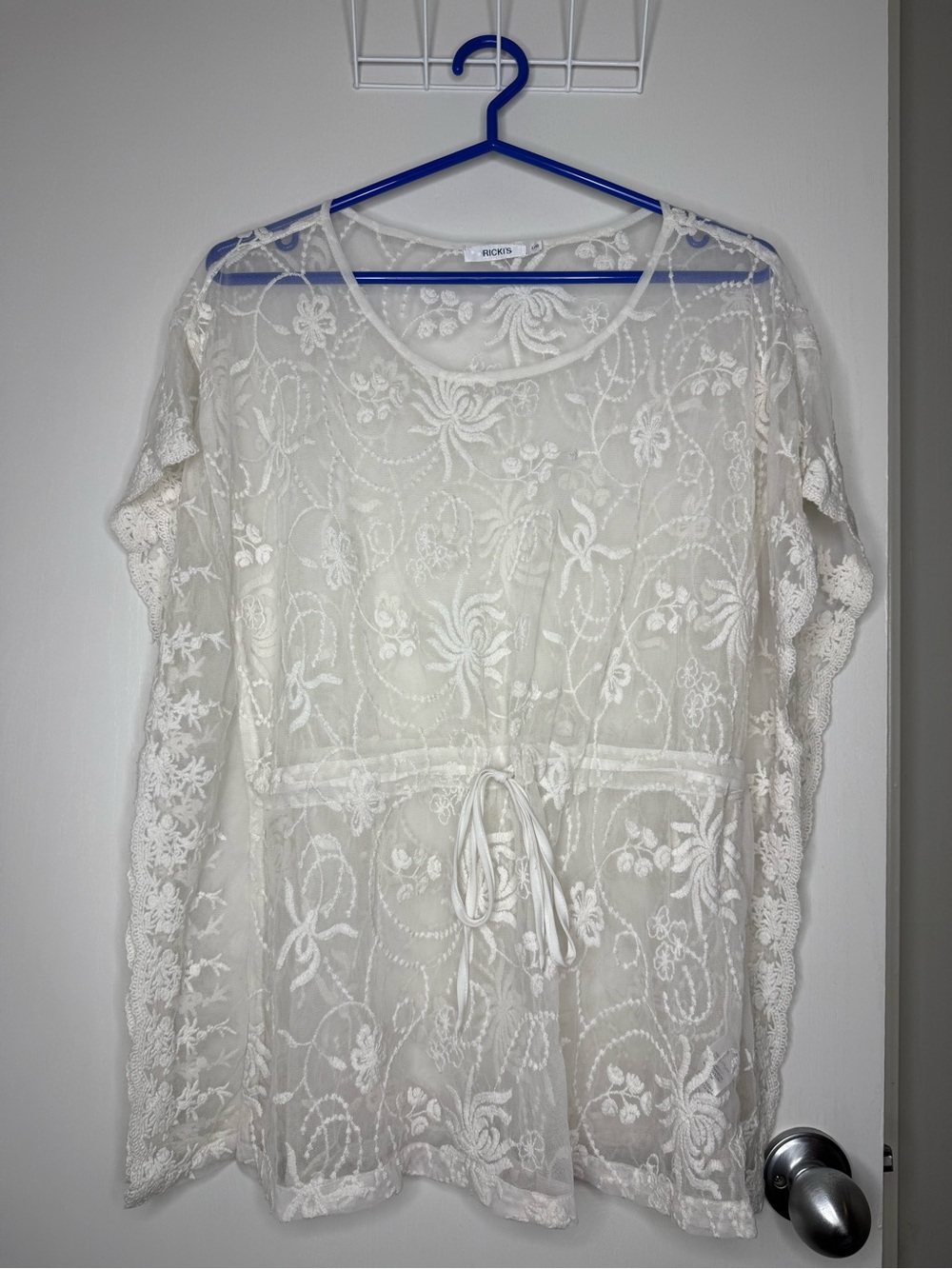 Ricki's Sheer White Sleeveless Floral Embroidered Tie-Waist Top Size Large